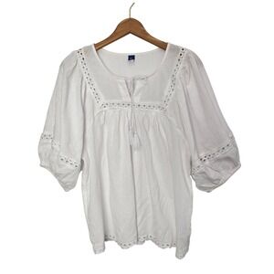 Old Navy White Cotton Eyelet Lace Peasant Blouse Tassel Tie Puff Sleeve L Tall